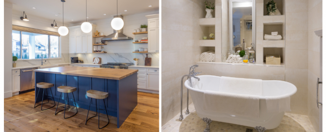 The first picture shows a kitchen with countertop, plumbing and cabinets and the second one shows a bathroom featuring a bathtub and bathroom cabinetry from Fontile